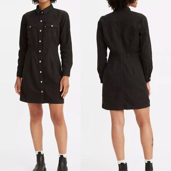 Levi’s Ellie Black Denim Long Sleeve Snap Button Waist Defined Trucker Dress - Picture 1 of 15